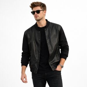 NWT Stone Falcon Black Mixed-Media Bomber Varsity Jacket - Men’s XL